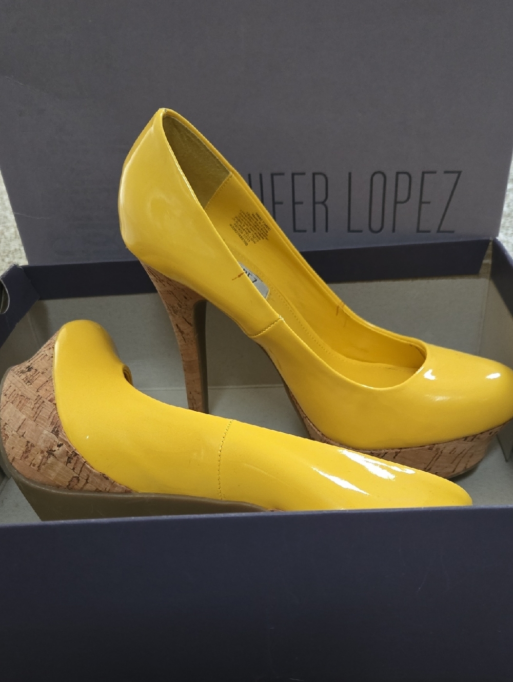 Jennifer Lopez Yellow Patent Cork Platform Pumps with High Stiletto Heel